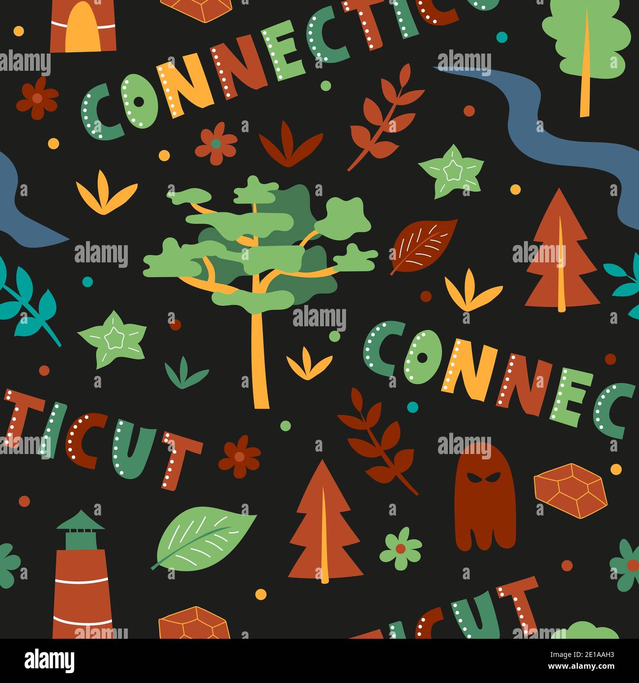 Collezione USA. Illustrazione vettoriale del tema Connecticut. Simboli di stato - motivo senza giunture su nero Illustrazione Vettoriale