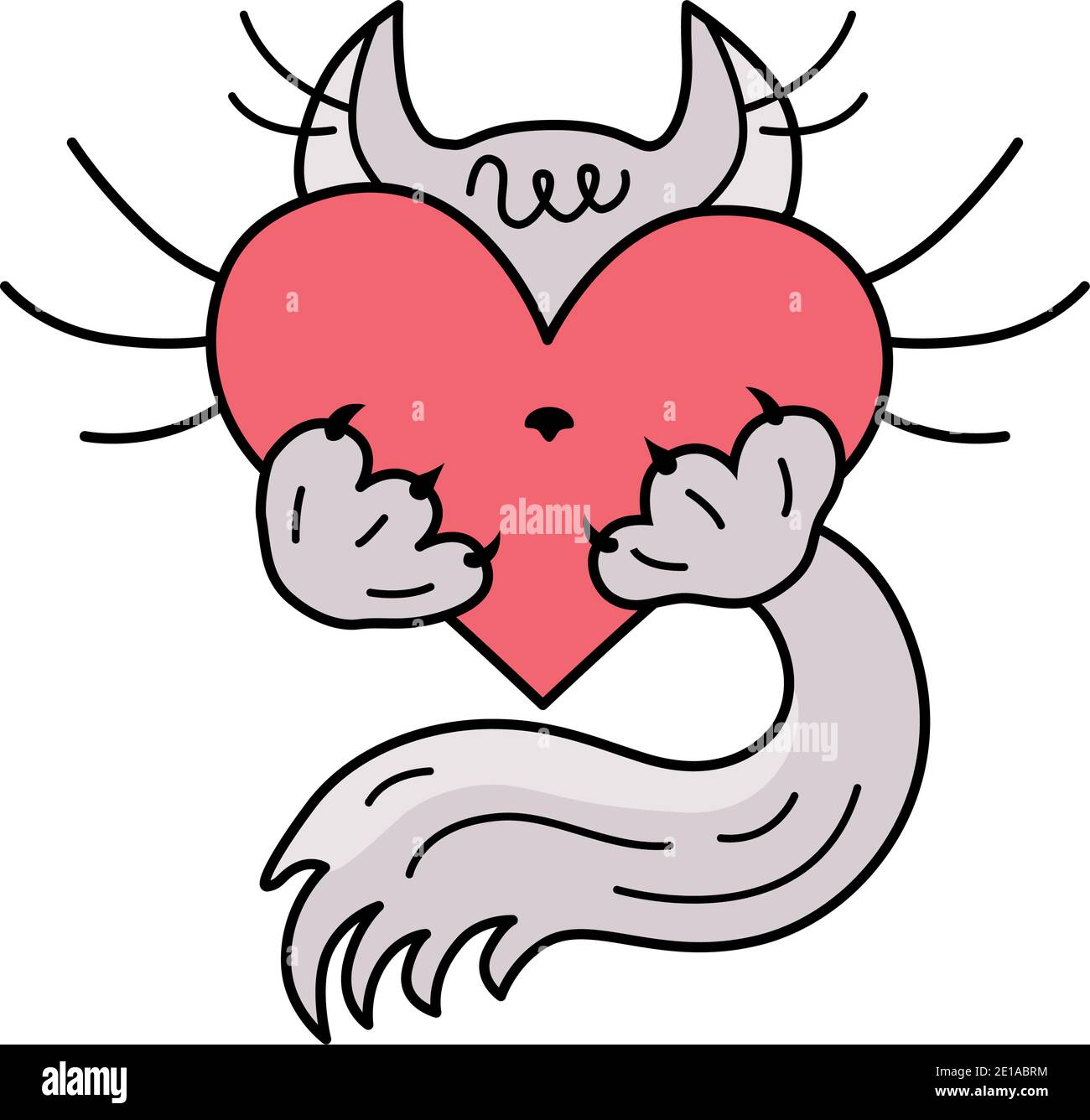 Doodle, illustrazione vettoriale, logo per il giorno del gatto e dei gatti. Adesivo per San Valentino Felino felice. Illustrazione Vettoriale