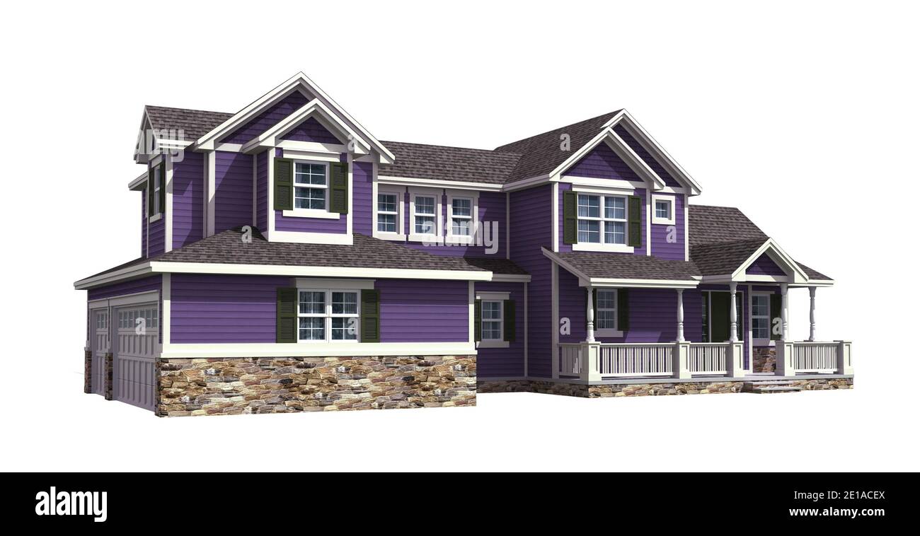 3D Illustrazione di una casa con un lato dipinto in ultravioletto, il colore dell'anno nel 2018, isolato su bianco con il percorso di lavoro incluso nella fi Foto Stock