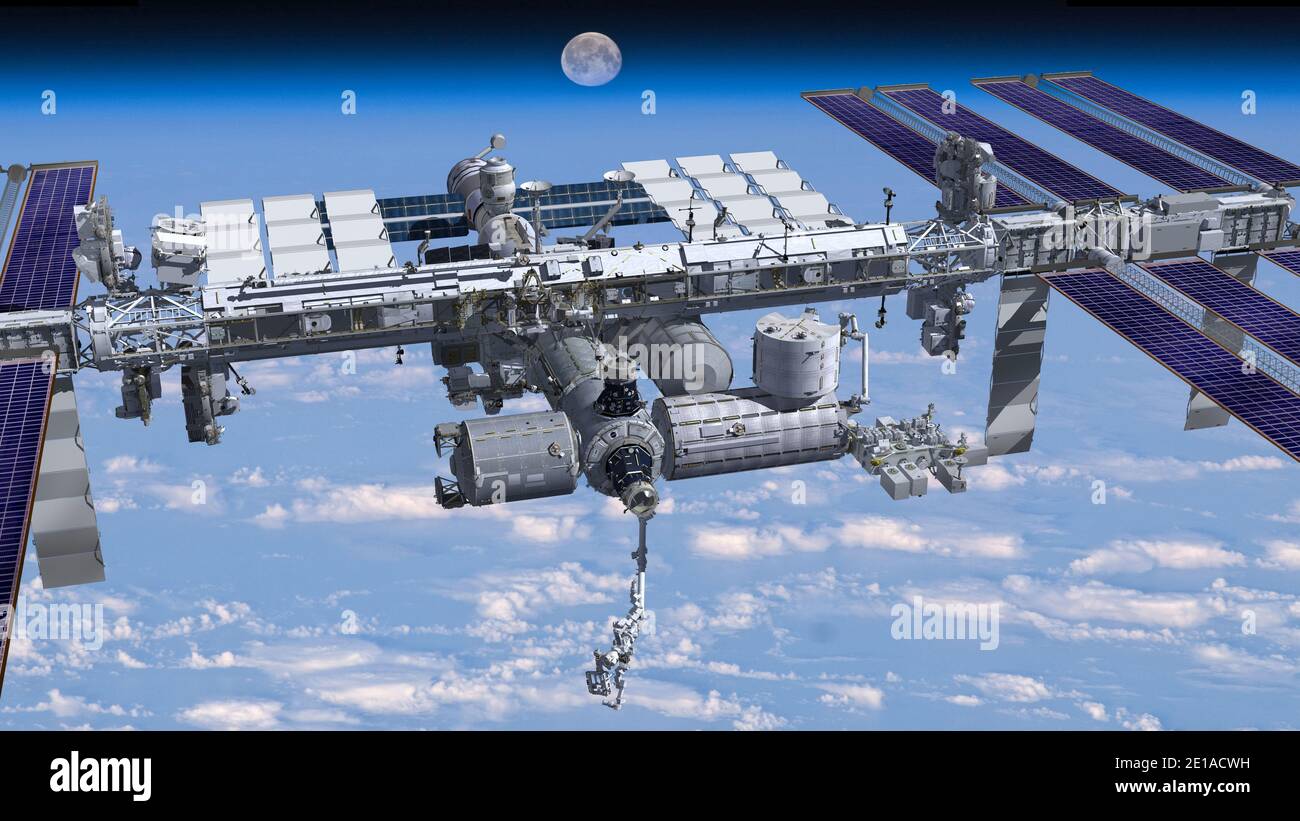 Rendering 3D del lato zenith della Stazione spaziale Internazionale che vola sopra la Terra, mostrando la sua architettura modulare dettagliata. Elementi di questo ima Foto Stock