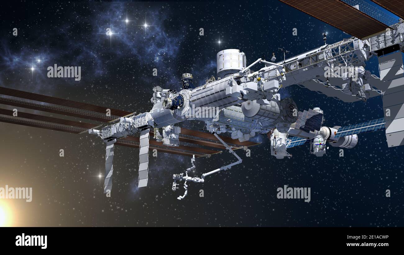 Rendering 3D del lato nadir della Stazione spaziale Internazionale su uno sfondo di spazio generico, che mostra la sua architettura modulare dettagliata. Foto Stock