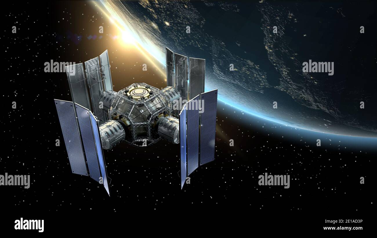 Rendering 3D di un satellite di stazione spaziale che sorvola la Terra con pannelli solari riflettenti e una struttura modulare intercambiabile Foto Stock