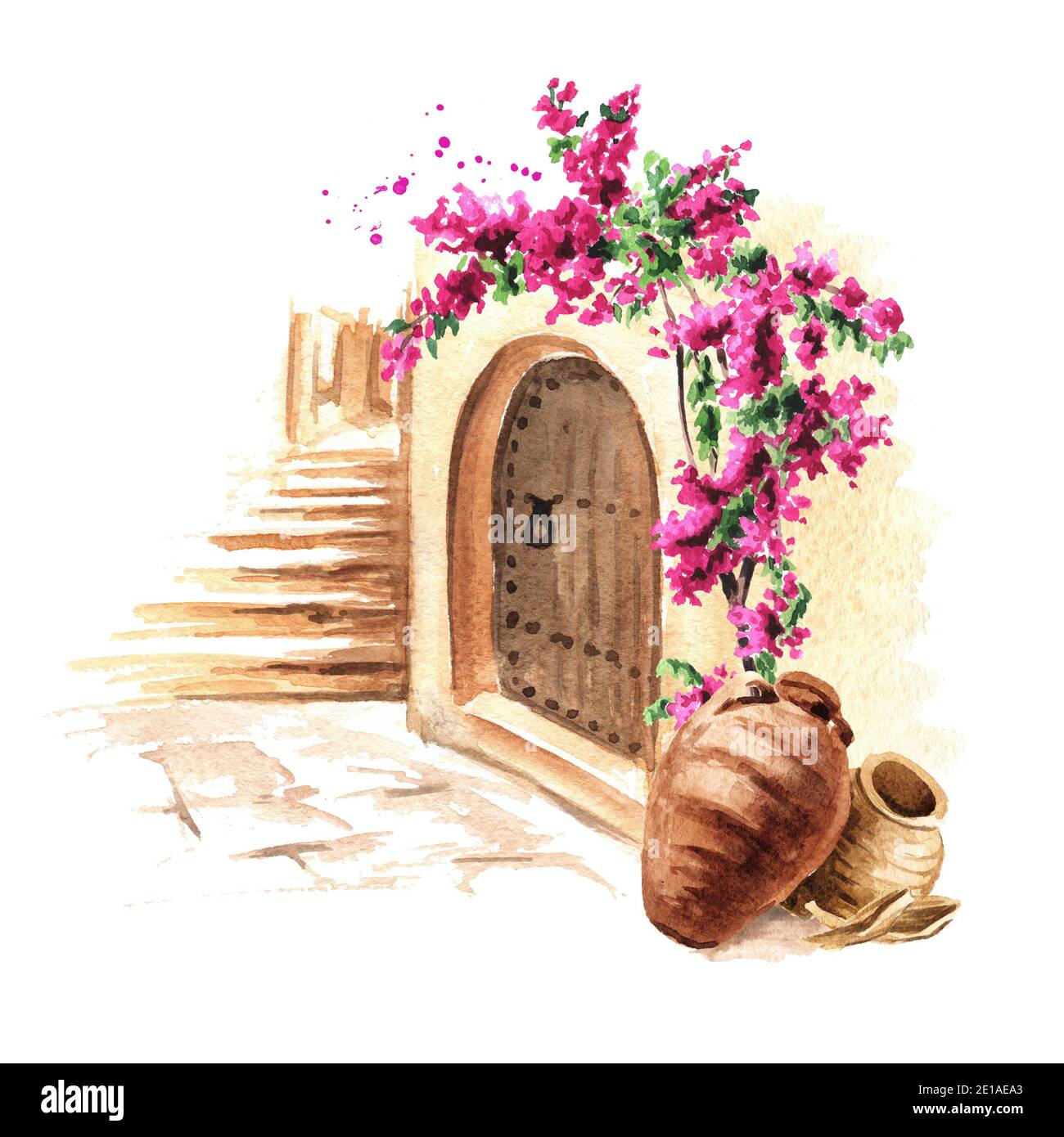 Vecchia architettura del Mediterraneo, del Nord Africa o del Marocco. Brocche e fiori di bougainvillea, illustrazione disegnata a mano acquerello isolato su whit Foto Stock