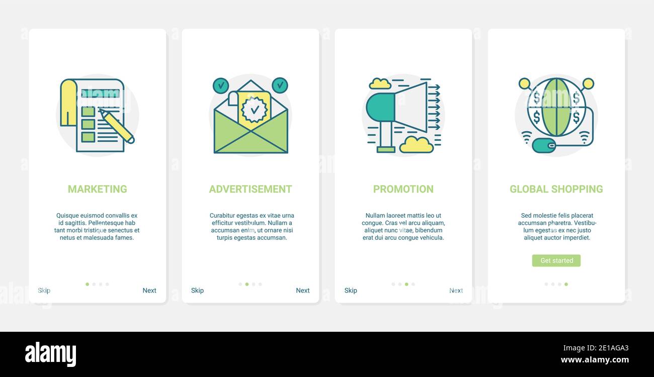 Shopping globale online, illustrazione vettoriale della tecnologia ecommerce. UX, UI onboarding mobile app page set con line simboli di promozione commerciale per servizi di pubblicità merci, marketing digitale Illustrazione Vettoriale