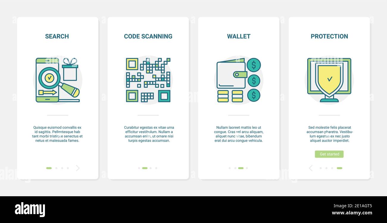 Commercio in linea, illustrazione del vettore di acquisto. UX, interfaccia utente onboarding mobile app page set con ricerca linea telefono, acquisto e protezione pagamento, scansione digitale codice sicuro tecnologia di protezione Illustrazione Vettoriale