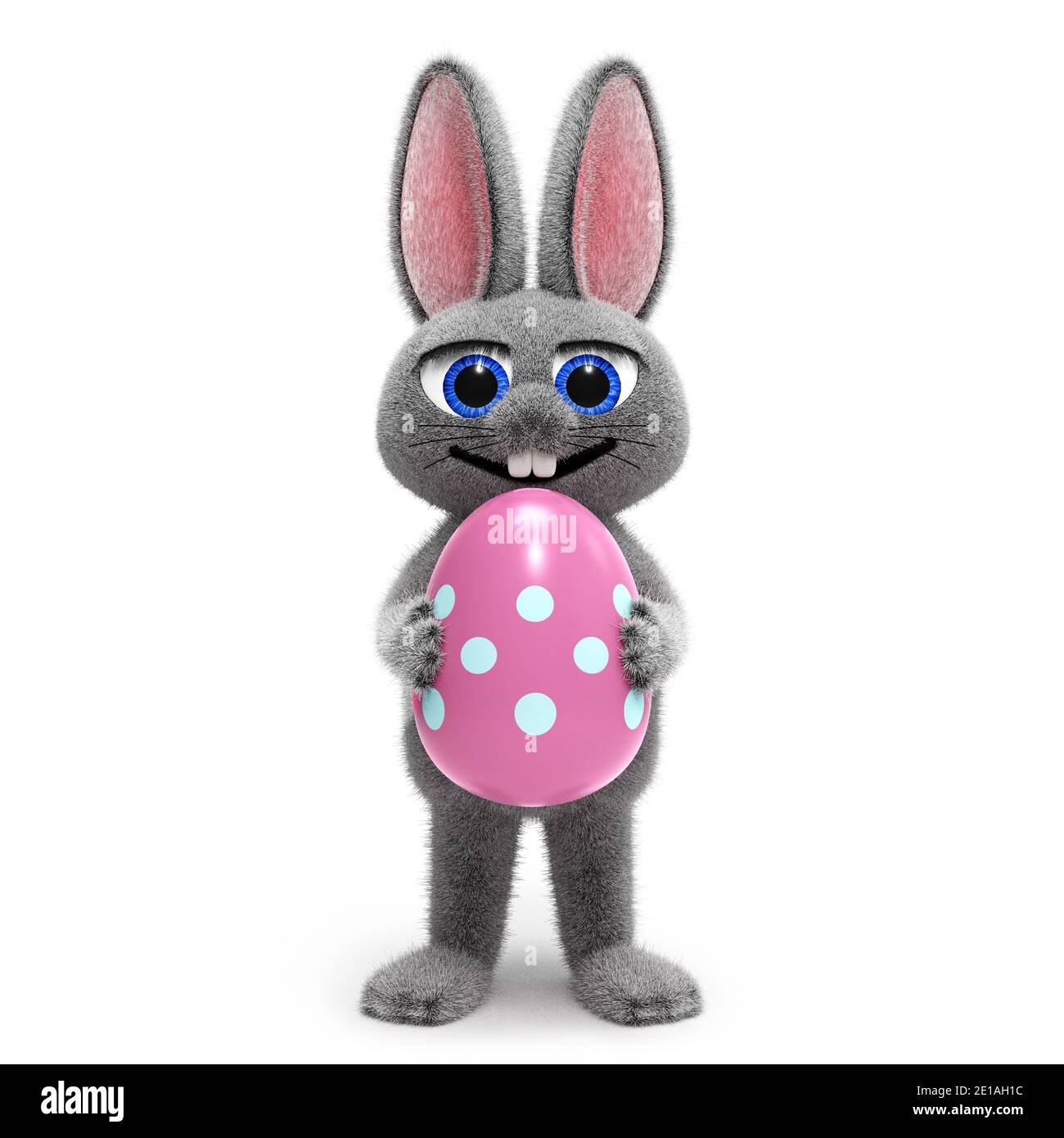 Carino coniglietto pasquale che tiene un uovo colorato decorato con ornamenti, isolato su sfondo bianco rendering 3D Foto Stock