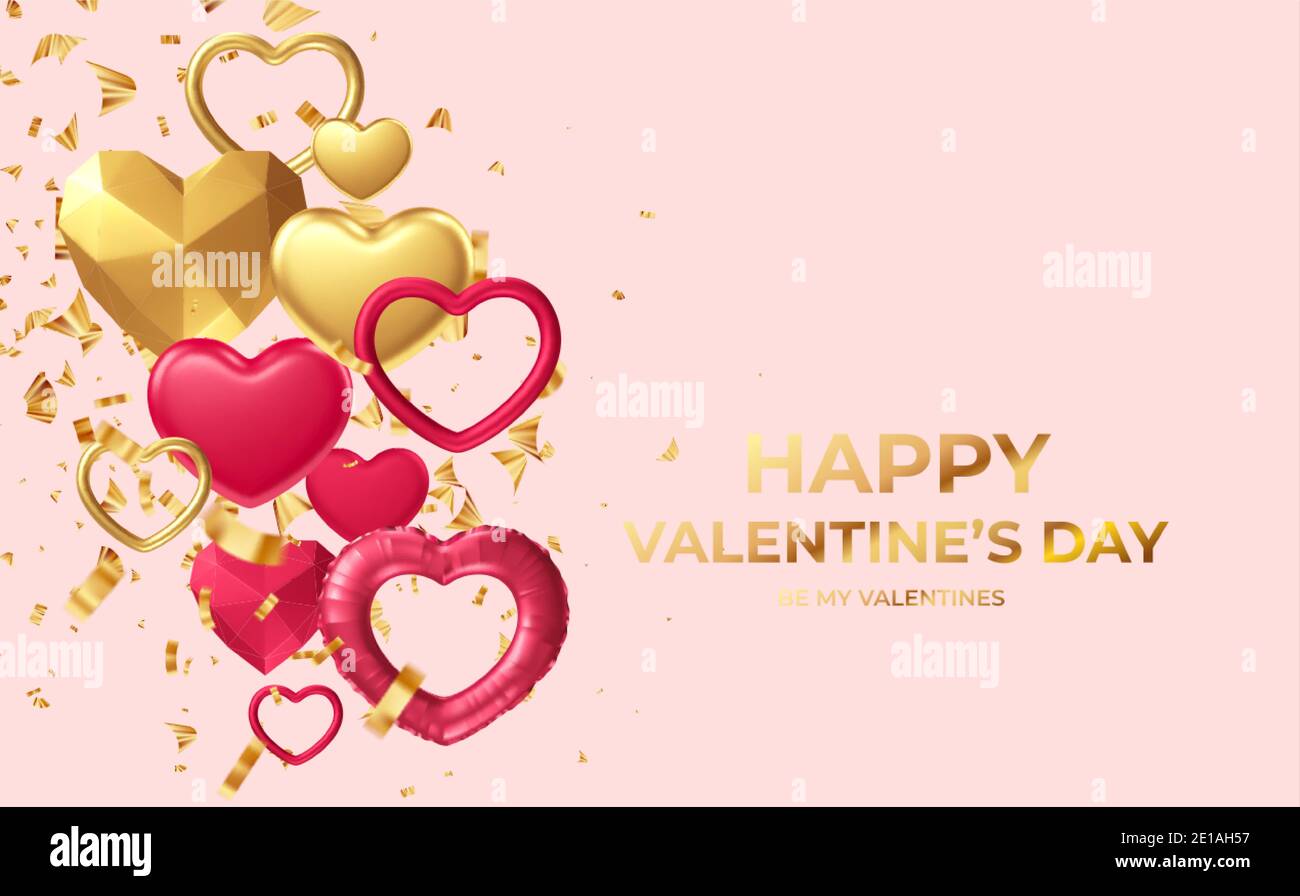 Concept di design per un poster di sfondo per San Valentino con oro, rosso diverse forme del cuore. Illustrazione vettoriale Illustrazione Vettoriale