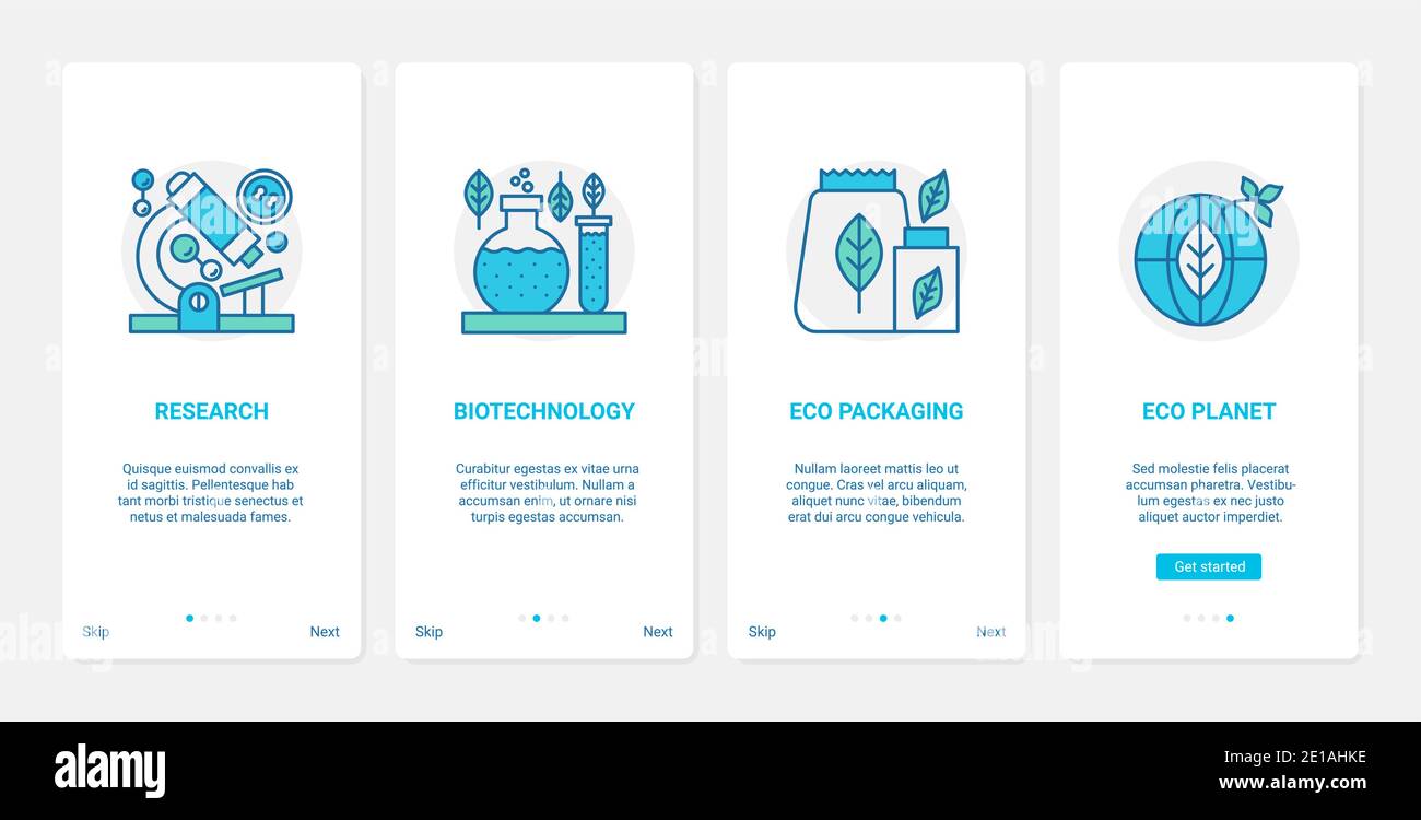 Ricerca scientifica sul pianeta ecologia protezione tecnologia illustrazione vettoriale. UX, UI onboarding mobile app page set con line science biotecnologia, eco-friendly riutilizzabile contenitore imballaggio Illustrazione Vettoriale