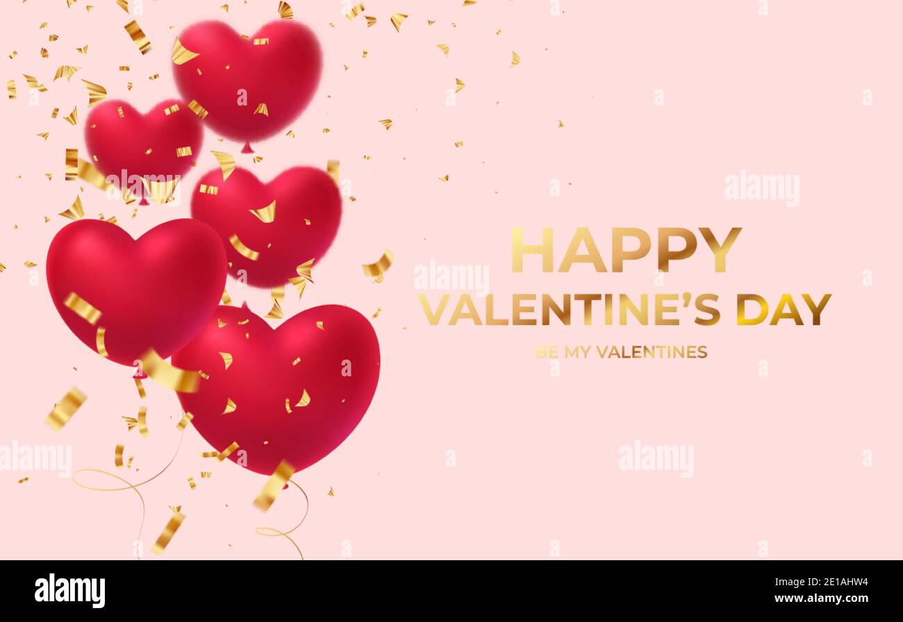 Palloncini rossi a forma di cuore scintillante con scritta in confetti dorati scintillanti Happy San Valentino isolato su sfondo rosa illustrazione vettoriale Illustrazione Vettoriale