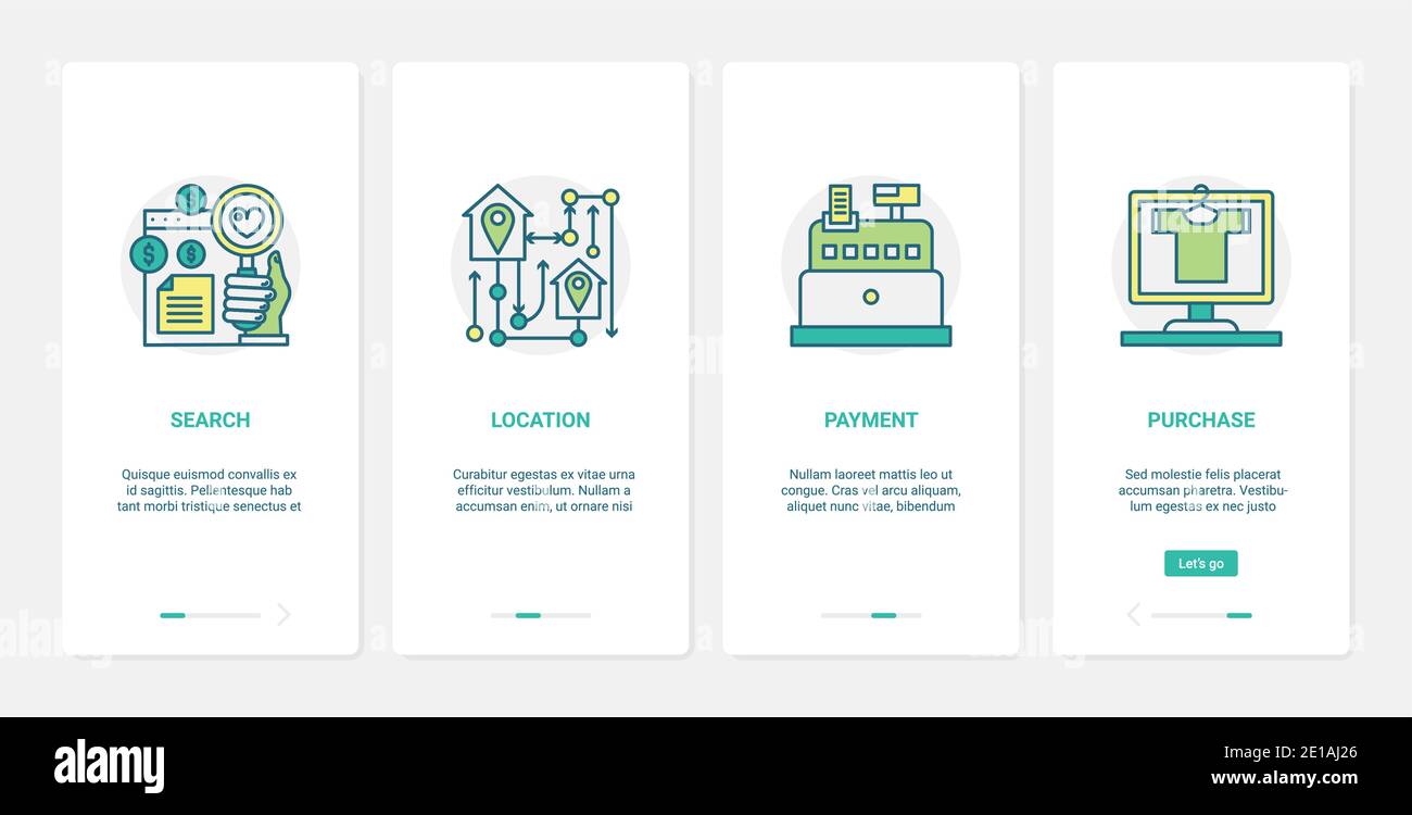 Illustrazione vettoriale della tecnologia del commercio online, degli ordini e dei pagamenti. UX, UI onboarding mobile app page set con ricerca riga e ordine di acquisto merci a pagamento, simboli di posizione Internet Illustrazione Vettoriale