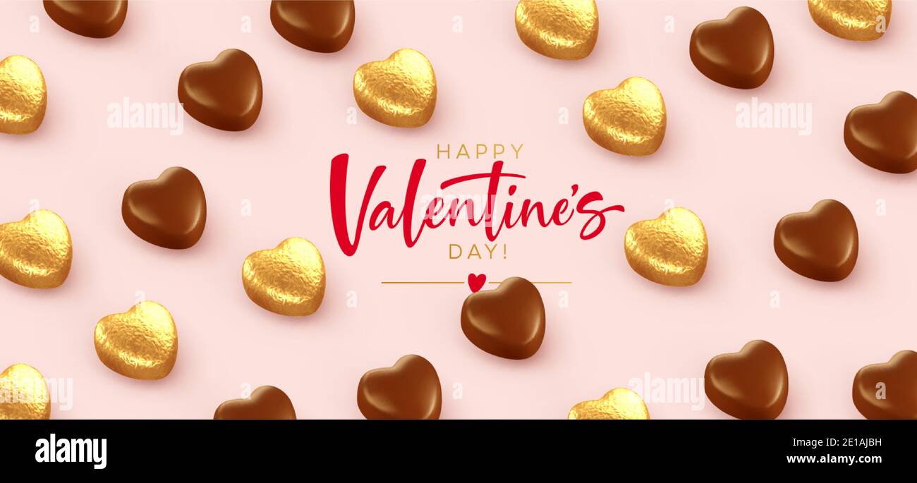 Sfondo per il giorno di San Valentino banner, poaster, cartolina fatta di cioccolatini a forma di cuore avvolti in lamina d'oro con l'iscrizione Happy San Valentino Illustrazione Vettoriale