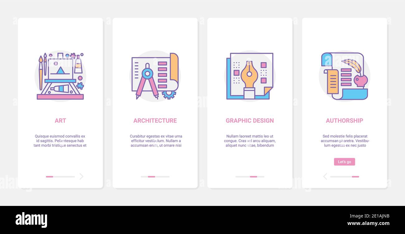 Illustrazione vettoriale della tecnologia di progettazione artistica. UX, UI onboarding mobile app page screen set con architettura line building, grafica creativa, l'autore di prodotti di designer artista simboli artistici Illustrazione Vettoriale