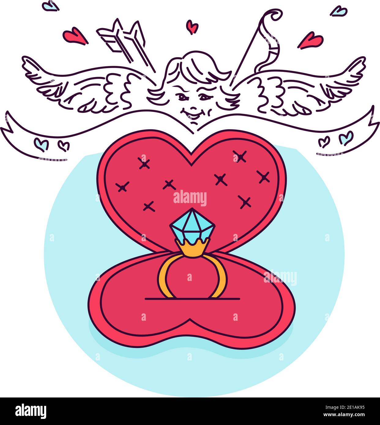 Angelo con ali e frecce, anello di diamante a forma di cuore per San Valentino regalo. Illustrazione vettoriale dell'amore, del matrimonio, del fidanzamento e del matrimonio Illustrazione Vettoriale