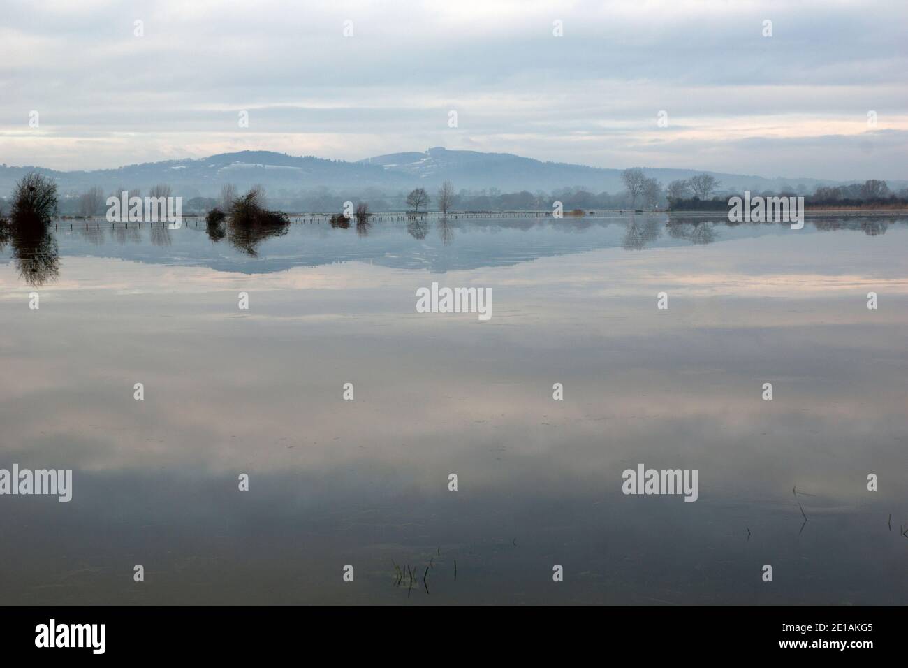 Riflessioni di May Hill, la Foresta di Dean e cielo sul ghiaccio che copre un allagato Walmore Common, Gloucestershire, Regno Unito il 1 gennaio 2021 Foto Stock