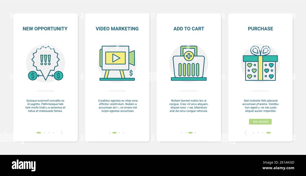 Commercio online, illustrazione vettoriale delle tecnologie di vendita. UX, UI onboarding mobile app page set con line new business Opportunity, video marketing, aggiungere acquisti al carrello e-commerce simboli Illustrazione Vettoriale
