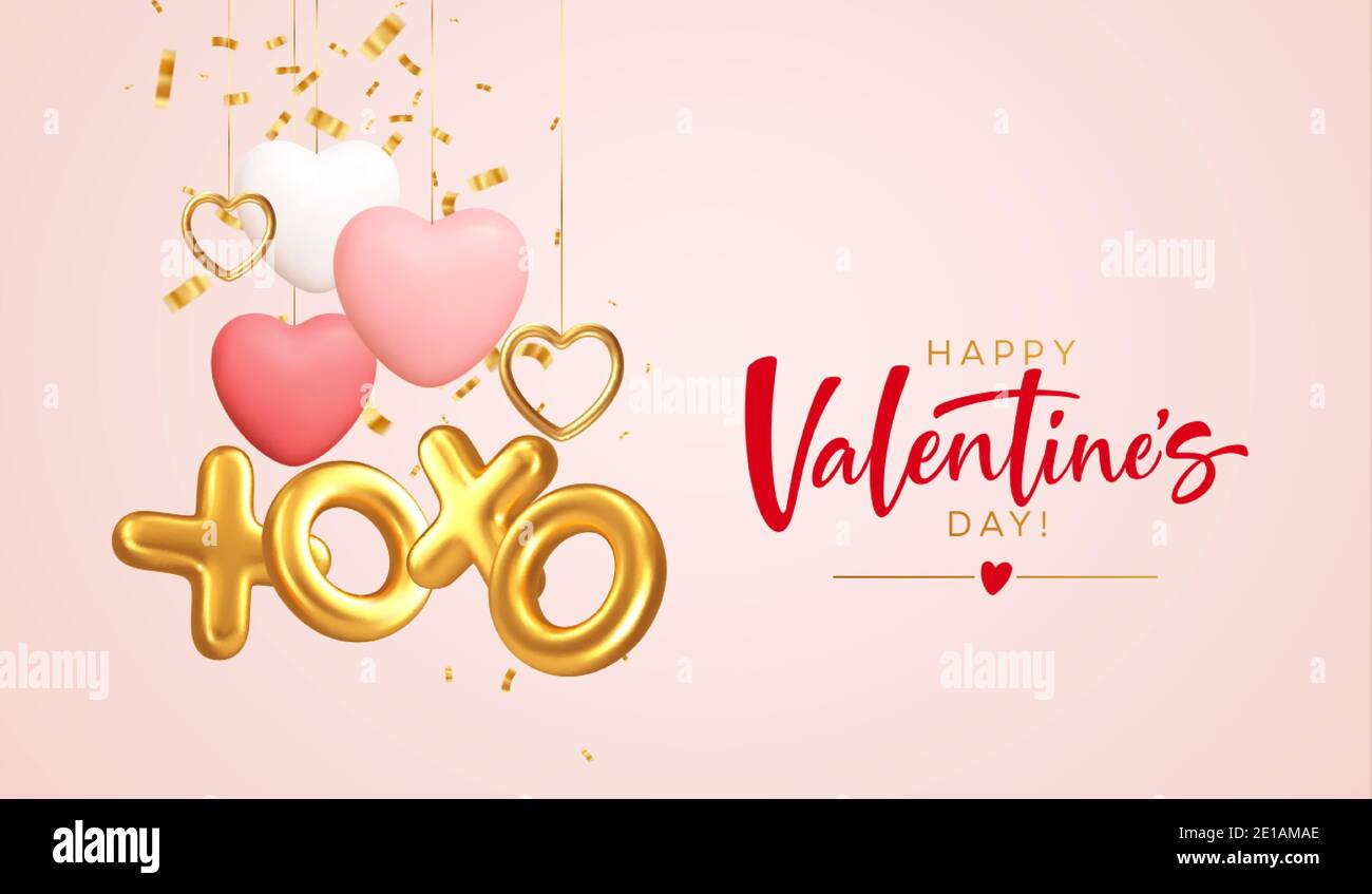 Design concept per un poster di sfondo per San Valentino con oro, rosso diverse forme del cuore e un'iscrizione xoxo da palloncini d'oro in lamina Illustrazione Vettoriale