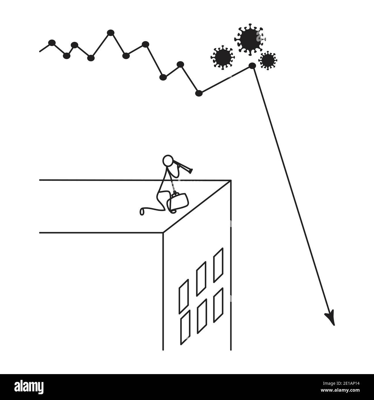 Covid-19 concetto di vettore di crisi economica: Uomo d'affari che usa il telescopio guardando verso il basso per verificare quanto basso è il grafico che va da un tetto Illustrazione Vettoriale