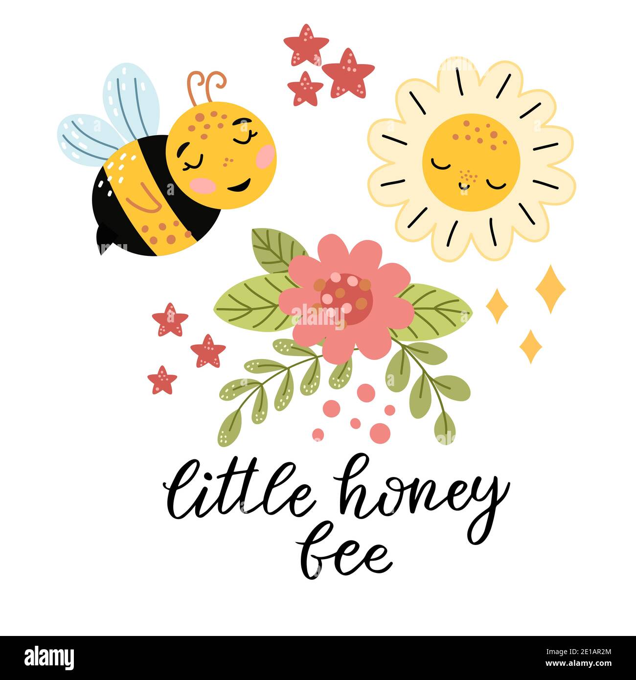 Set di elementi di primavera - foglie, fiori, api, sole Illustrazione Vettoriale