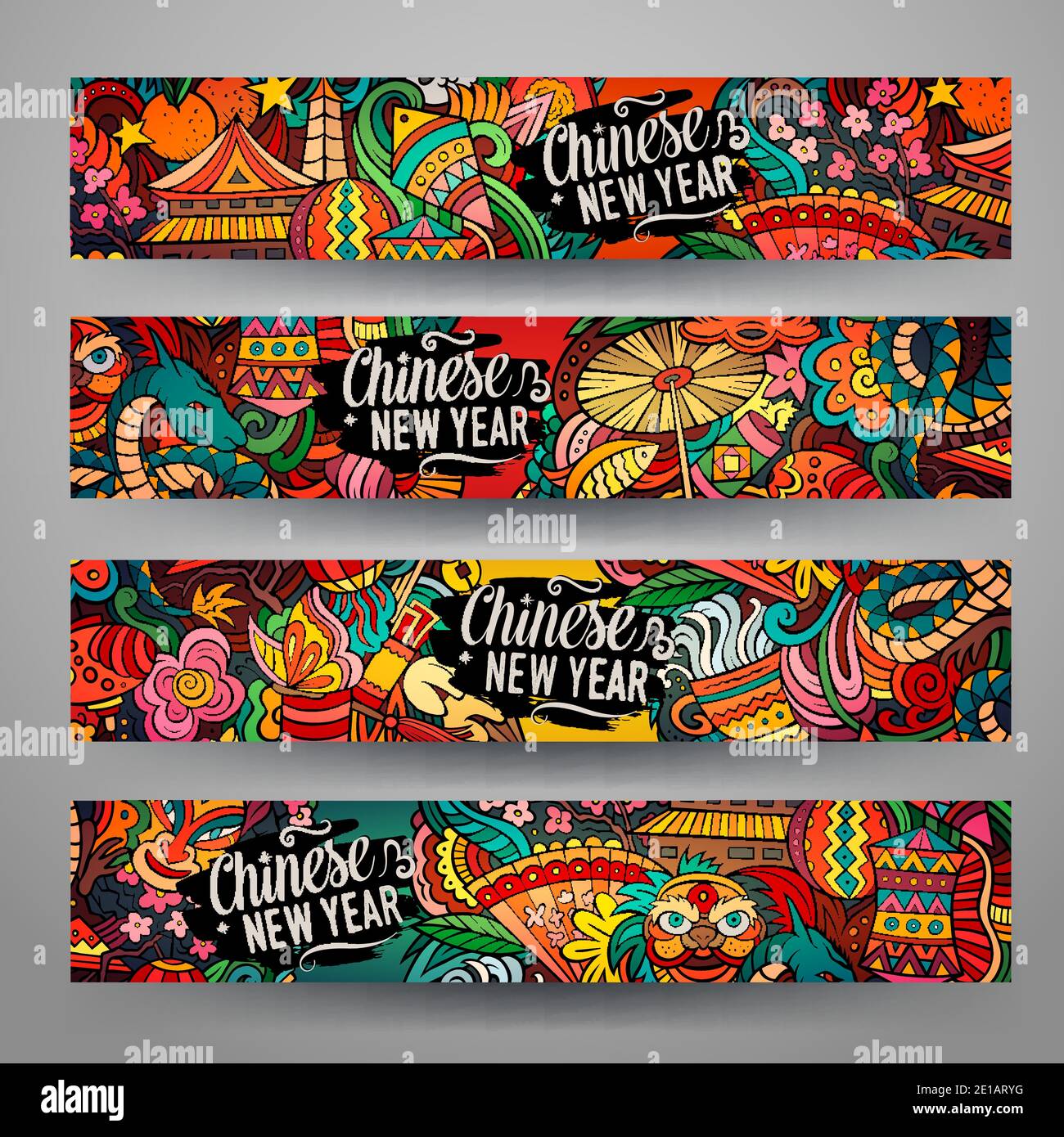 Cartoon carino vettore colorato Doodles disegnati a mano Capodanno cinese banner Illustrazione Vettoriale