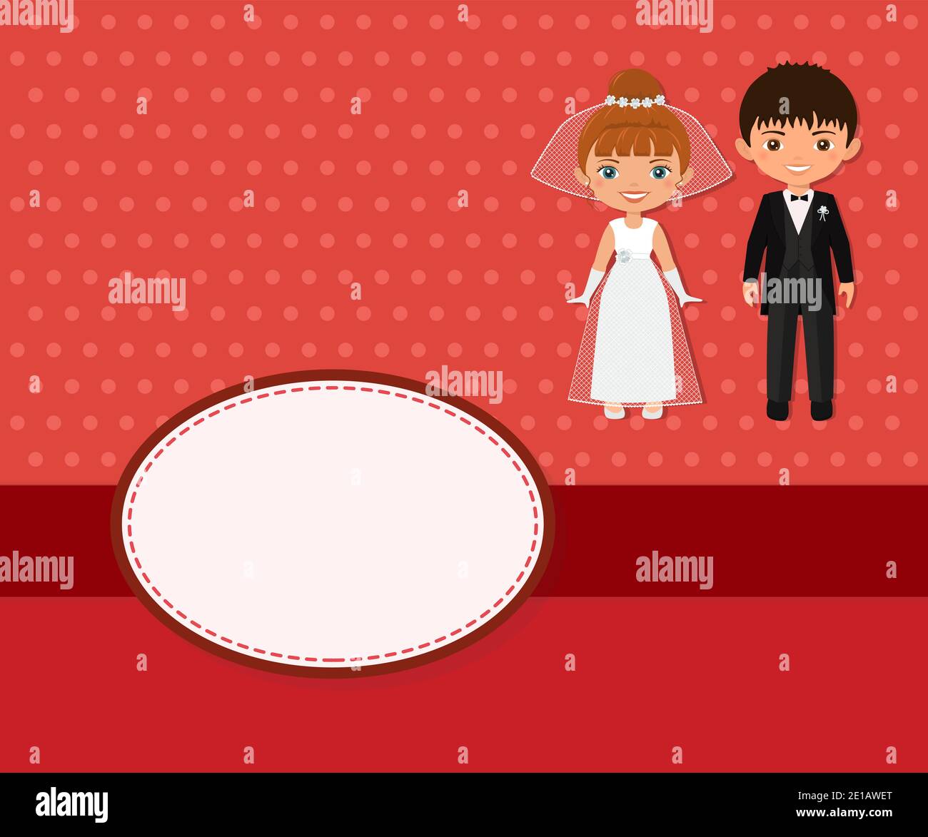 Matrimonio invito coppia su sfondo rosso. Inserire il testo. Stile piatto cartoon. Illustrazione vettoriale Illustrazione Vettoriale