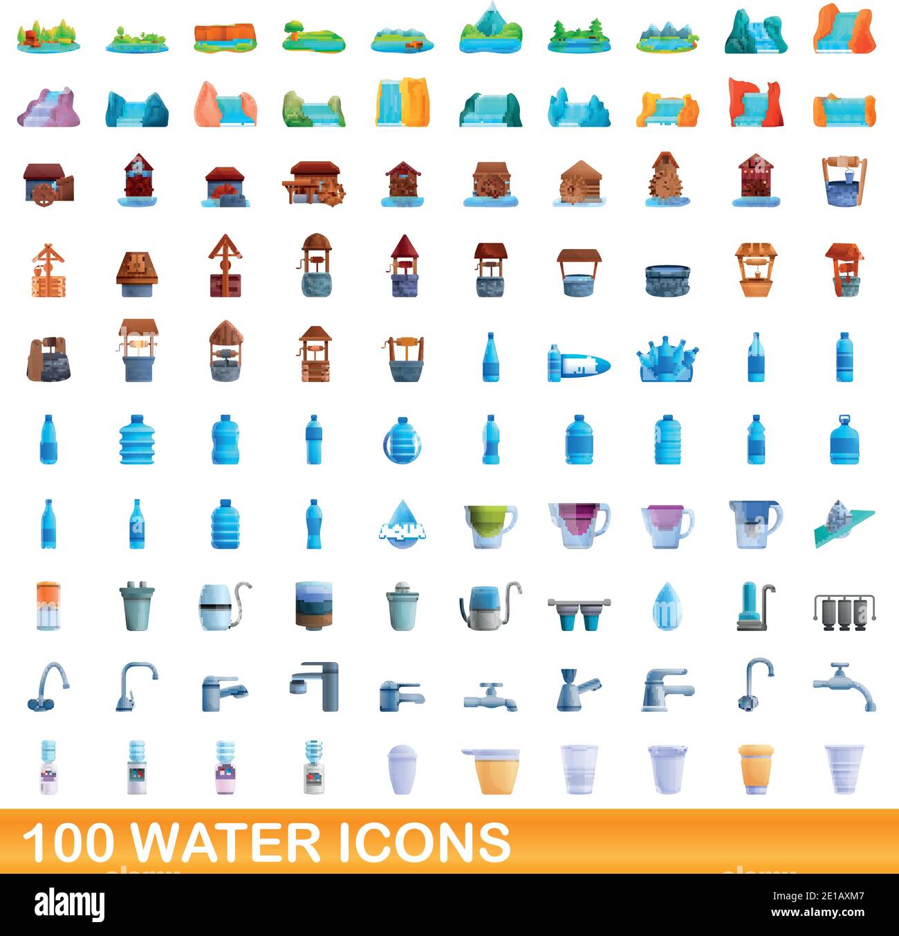 set di 100 icone dell'acqua. Illustrazione cartoon di 100 icone d'acqua vettore insieme isolato su sfondo bianco Illustrazione Vettoriale