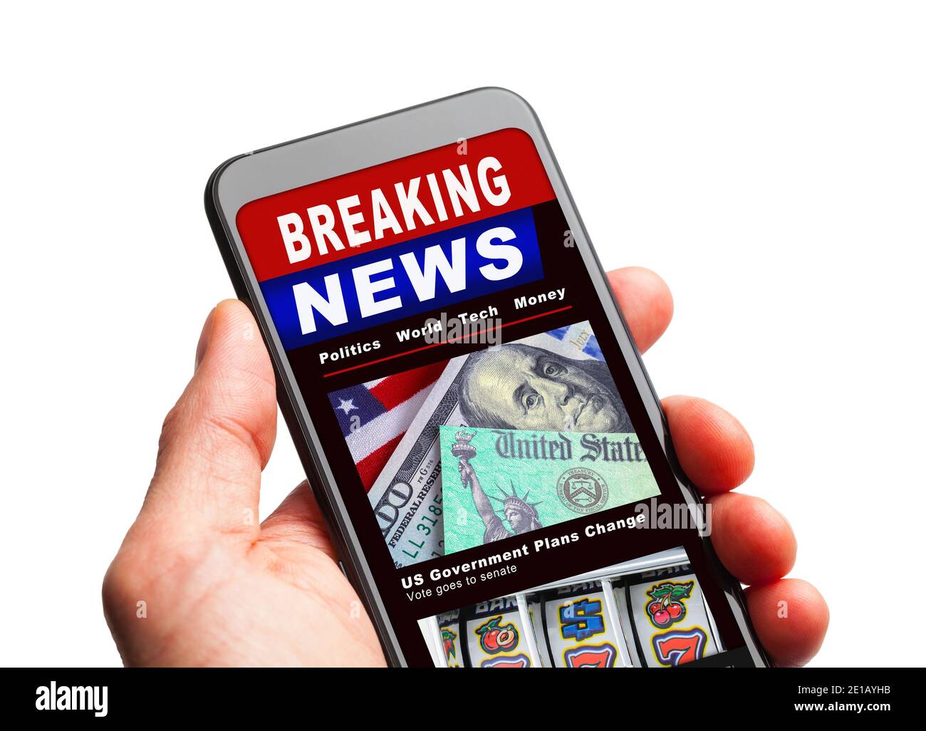 Mano che tiene uno smartphone con Breaking News Story su di esso. Foto Stock