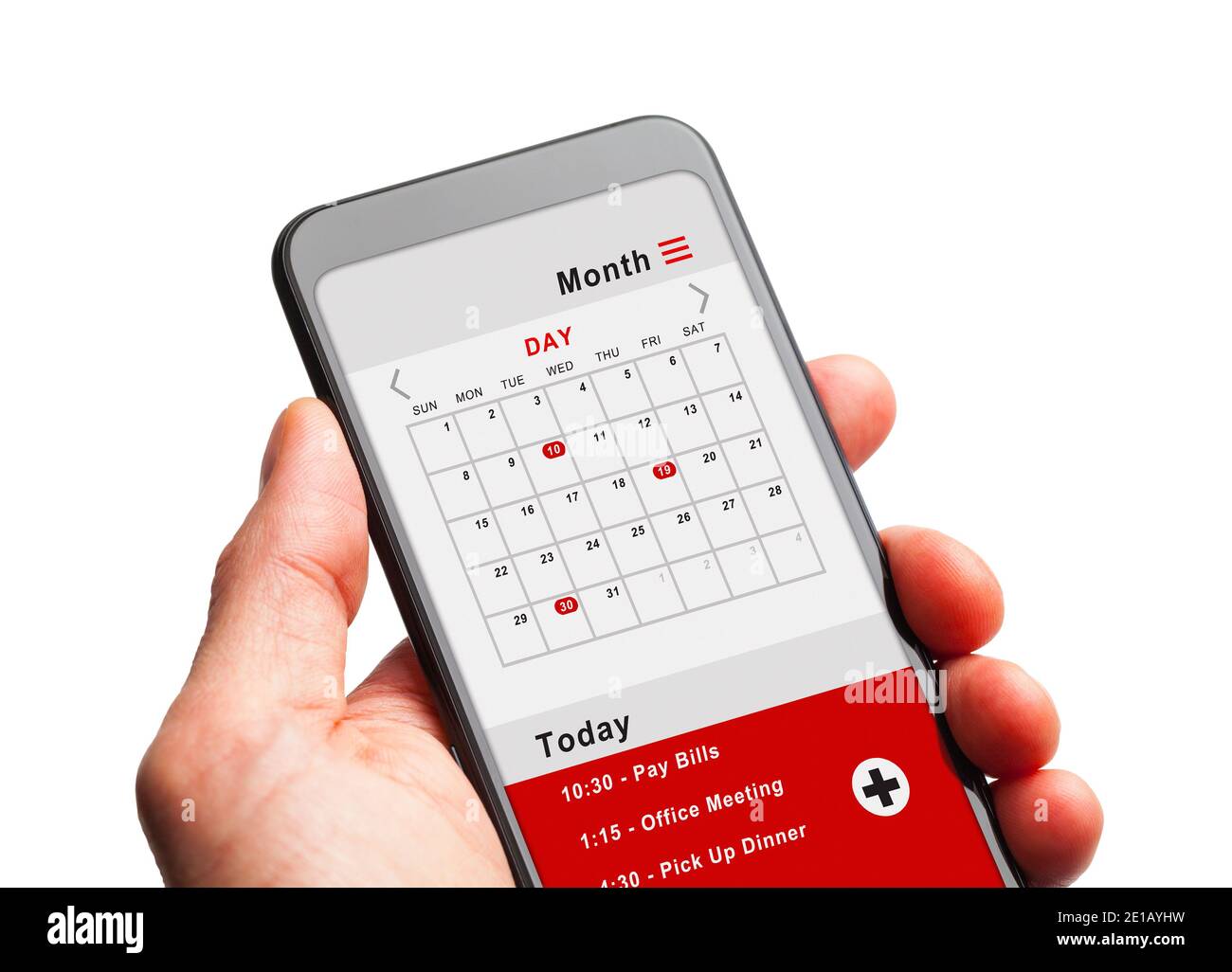 Smartphone con dispositivo portatile con calendario ed eventi o promemoria pianificati. Foto Stock