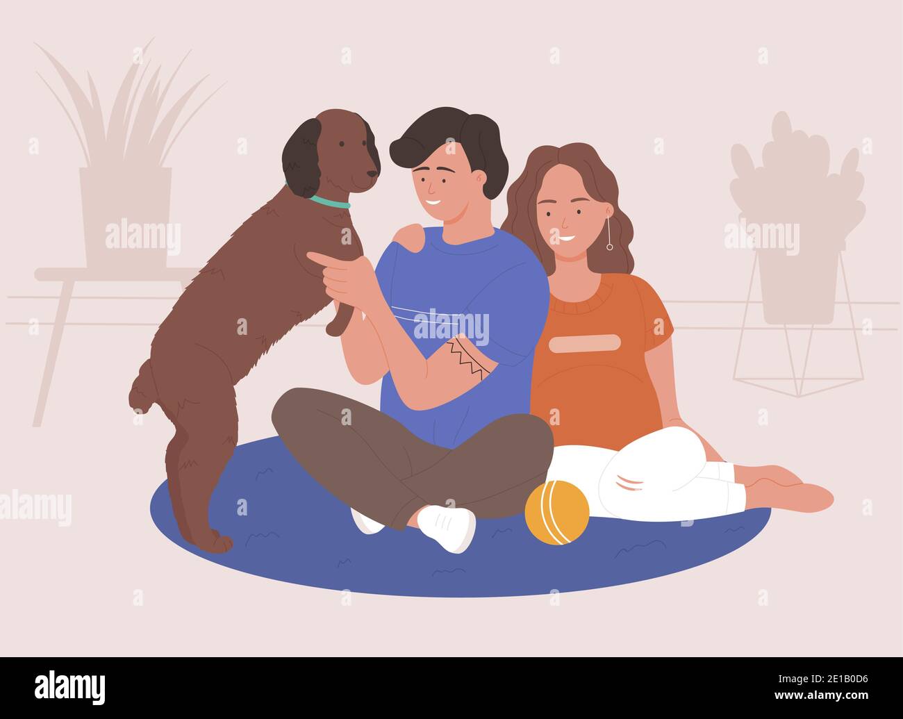 Uomo e donna coppia trascorrere il tempo e giocare con animale domestico a casa insieme, rilassandosi con il proprio cane all'interno, amorando animali domestici illustrazione vettoriale Illustrazione Vettoriale