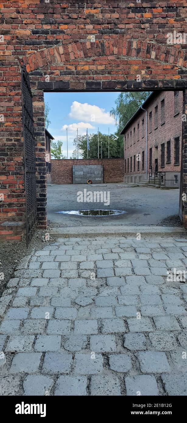Muro morto nel campo di concentramento nazista Aushwitz i a Oswiecim, Polonia Foto Stock