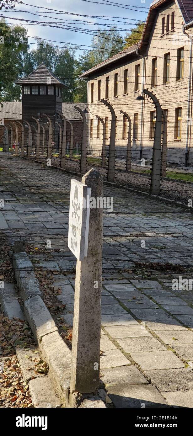 Edifici e recinzione del campo con filo spinato che lo circonda, campo di sterminio nazista Auschwitz i, Oświęcim, Polonia Foto Stock