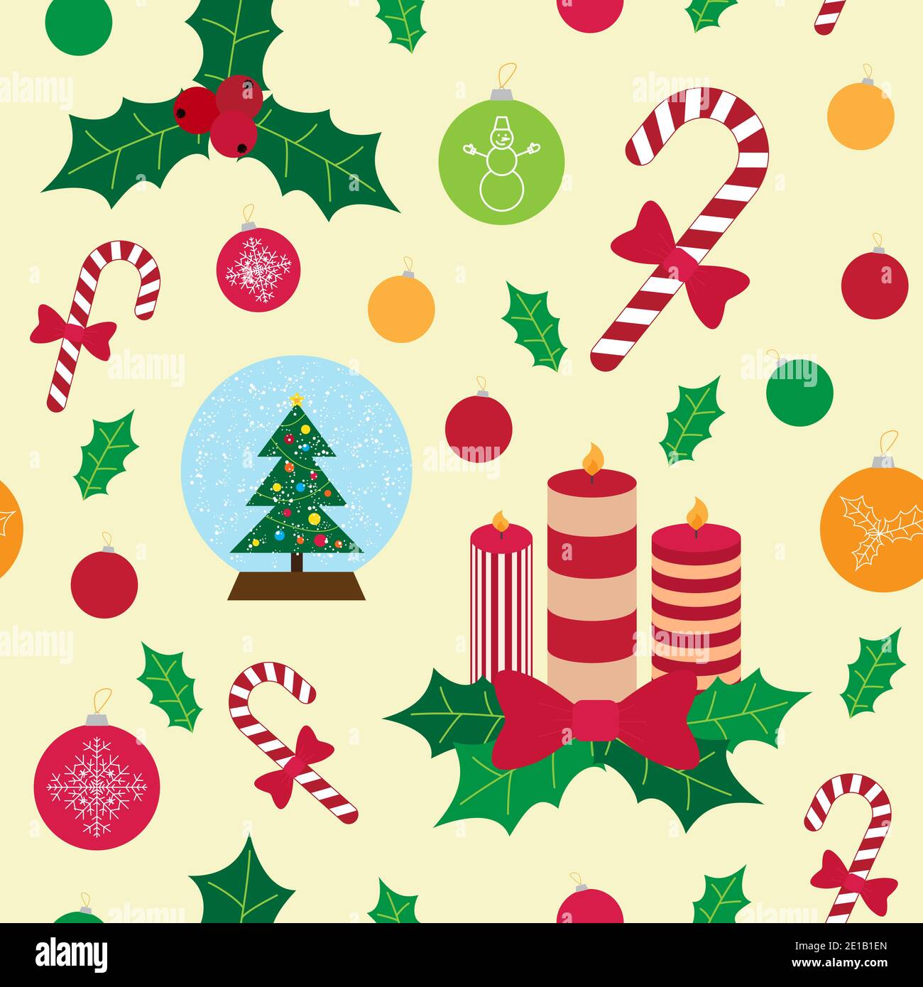 Modello vettoriale senza giunture con elementi di natale piatti, palle, candele. Illustrazione Vettoriale