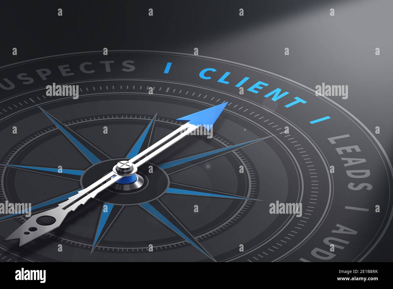 Bussola con ago che punta la parola client. Gestione delle relazioni con i clienti. illustrazione 3d Foto Stock