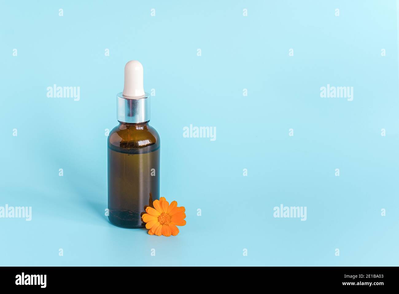 Olio essenziale in flacone contagocce marrone aperto con pipetta in vetro sdraiata e calendula con fiori arancioni su sfondo blu. Concept naturale biologico di bellezza cos Foto Stock