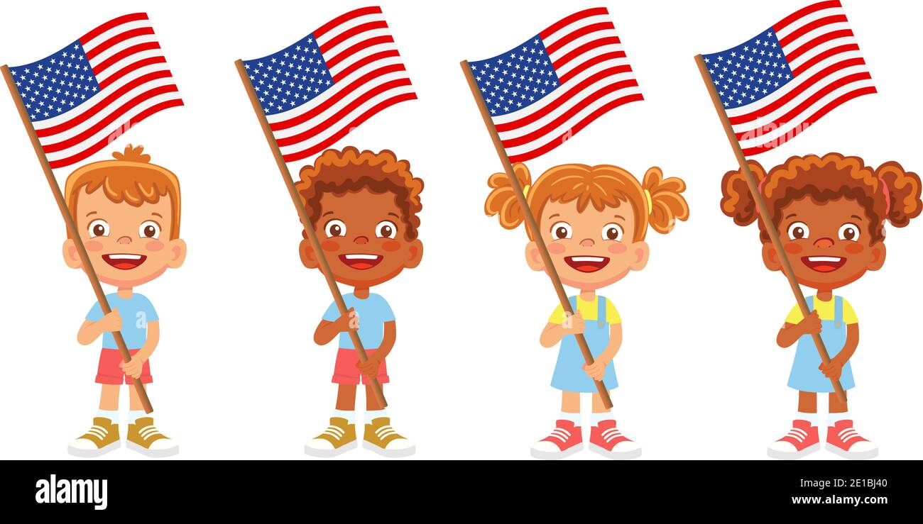 Bandiera degli Stati Uniti d'America in mano. Bambini con bandiera. Bandiera nazionale degli Stati Uniti d'America Foto Stock