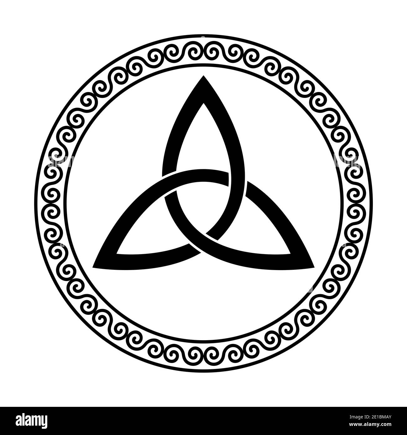 Triquetra all'interno di un telaio a spirale circolare. Il nodo celtico, una figura triangolare, utilizzato nell'antico ornamento cristiano, circondato da un bordo decorativo Foto Stock