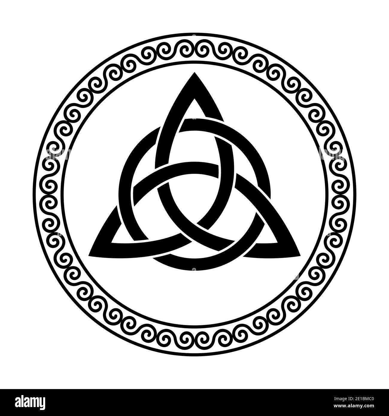 Triquetra con cerchio all'interno di un telaio a spirale circolare. Nodo celtico, una figura triangolare, utilizzato in antichi ornamenti cristiani, circondato da confine. Foto Stock
