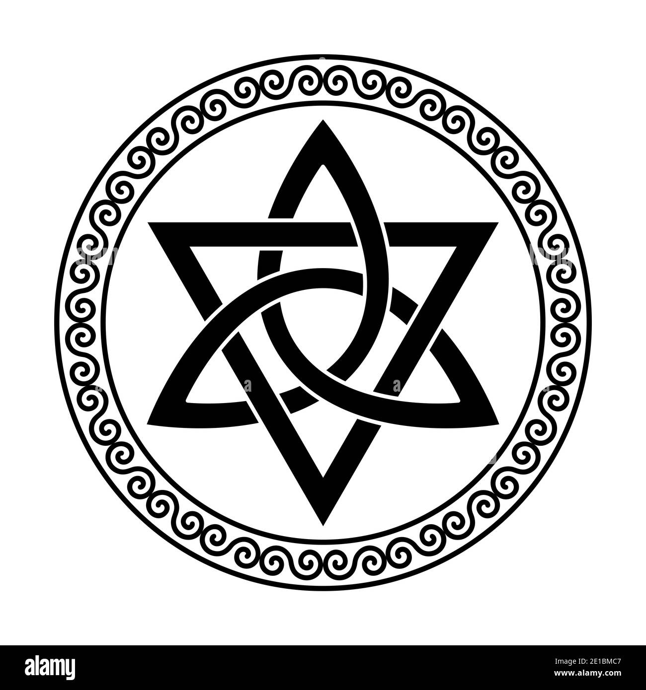 Triquetra con triangolo all'interno di un telaio a spirale circolare. Il nodo celtico, una figura triangolare, utilizzato negli antichi ornamenti cristiani. Foto Stock