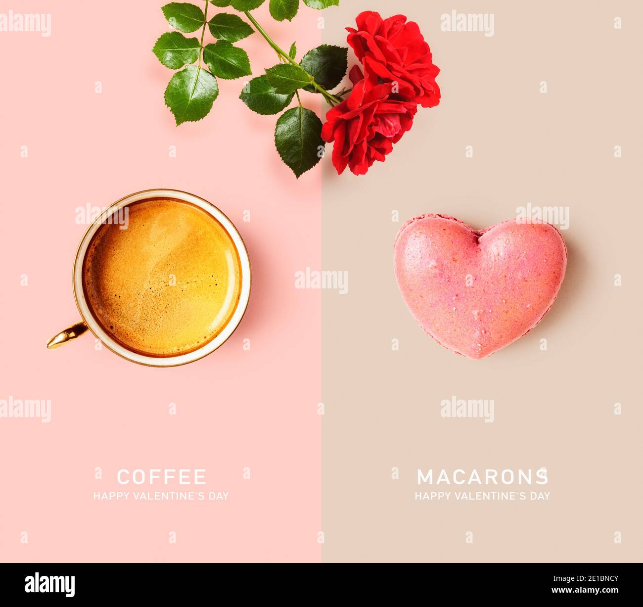 Tazza da caffè, rosa rossa e macaron a forma di cuore layout creativo su sfondo a colori. Concept e biglietto d'auguri per il giorno di San Valentino. Composizione di cibo e fiori Foto Stock