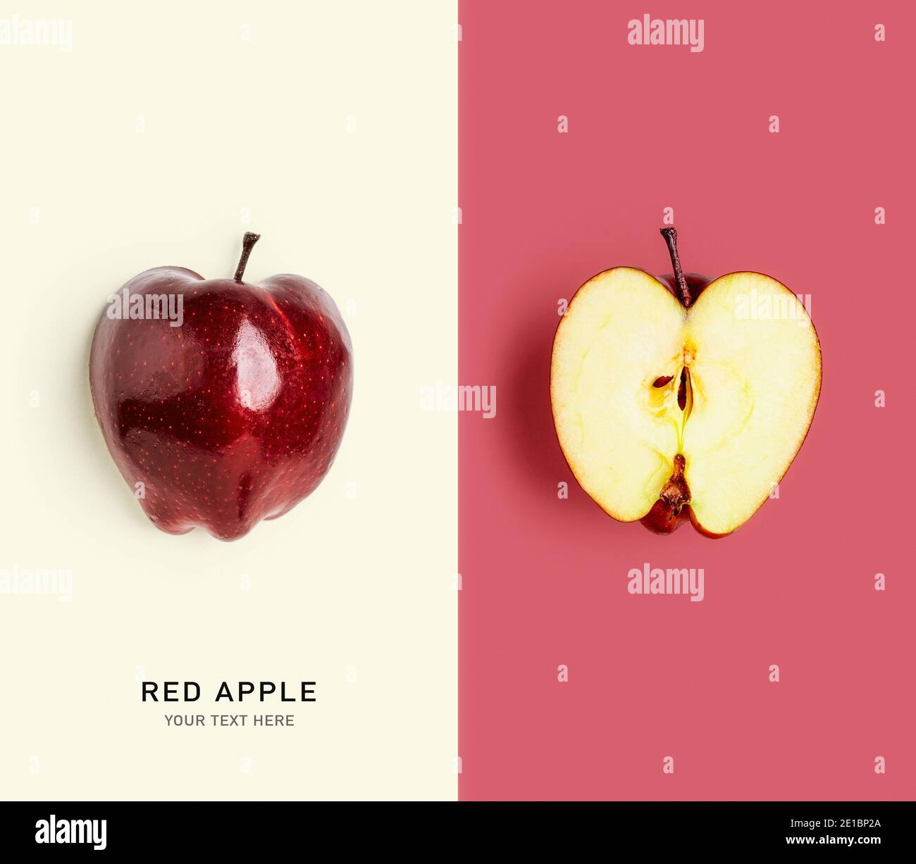 Frutta fresca rossa mela layout creativo. Alimentazione sana, dieta e concetto di cibo. Disposizione piatta, vista dall'alto. Elementi di progettazione, scheda a colori con spazio di copia Foto Stock