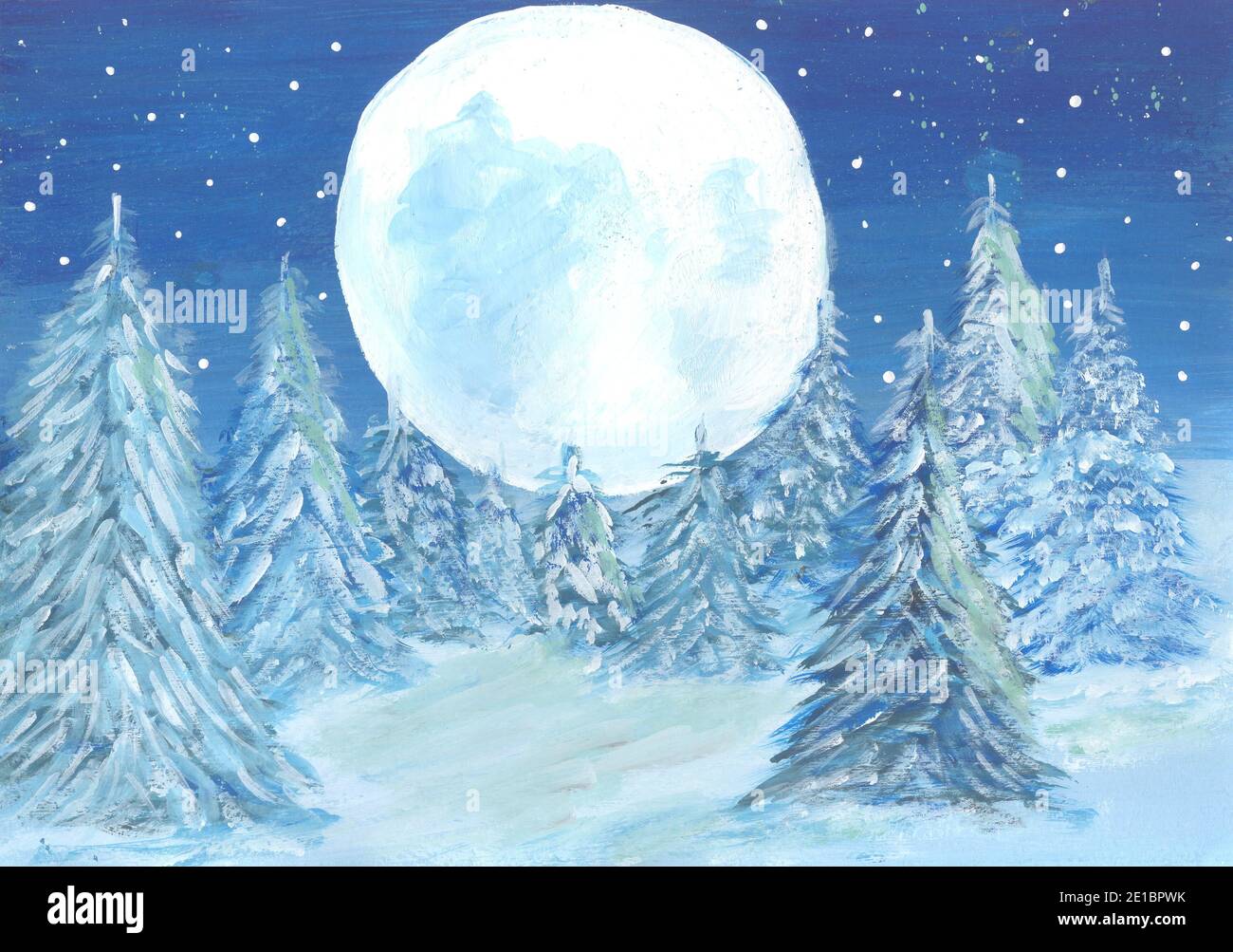 Luna bianca sul cielo notturno blu e una foresta invernale con fiocchi di  neve in caduta.