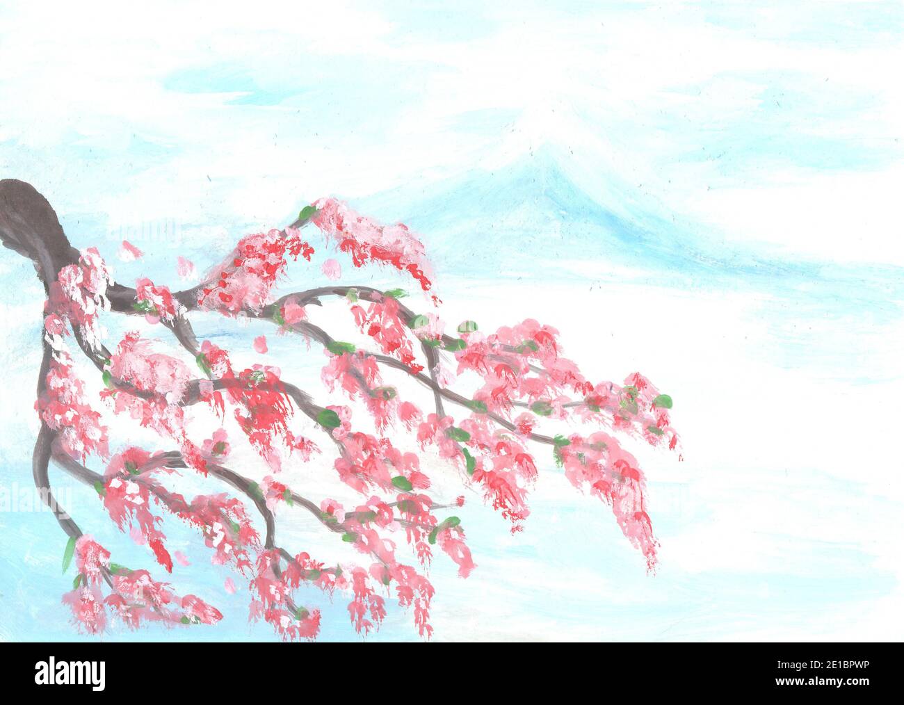 Monte Fuji, Lago Kawaguchi, Giappone. Montagna vicino al lago in nebbia, e rami fioriti con fiori rosa su sfondo blu. Lago Kawaguchiko, Città Foto Stock