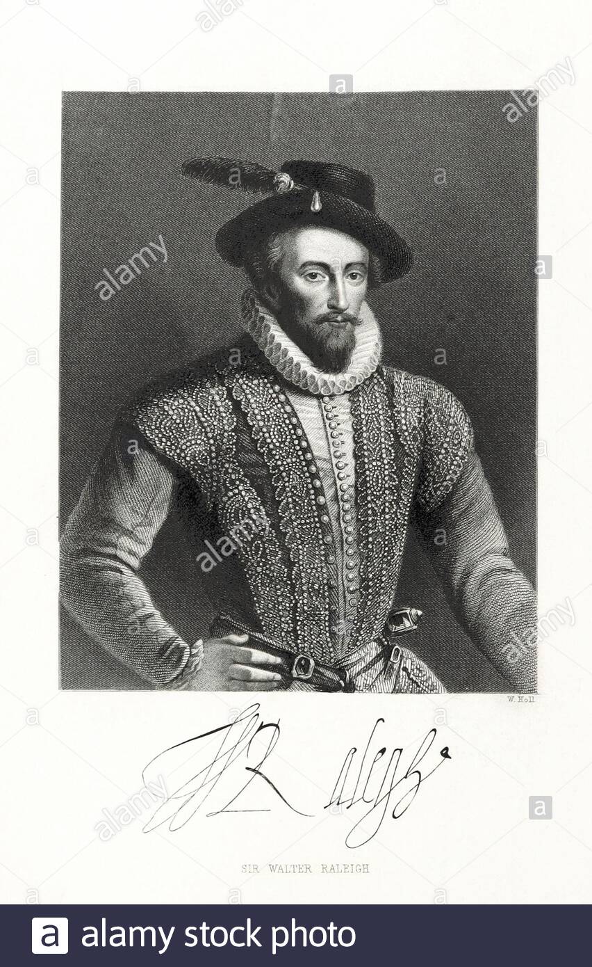 Walter Raleigh Portrait, 1554 – 1618, è stato un uomo inglese, scrittore, poeta, soldato, politico, cortigiano, spia ed esploratore, illustrazione d'epoca del 1863 tratta da un originale di Hollar. Foto Stock