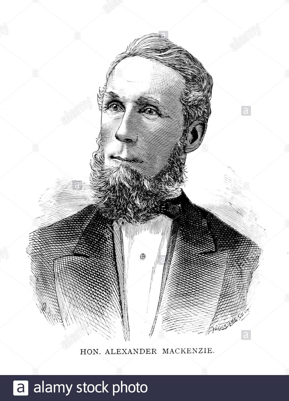 Alexander Mackenzie ritratto, 1822 – 1892, è stato un politico scozzese-canadese che è stato il secondo primo ministro del Canada, in carica dal 1873 al 1878, illustrazione d'epoca dal 1885 Foto Stock