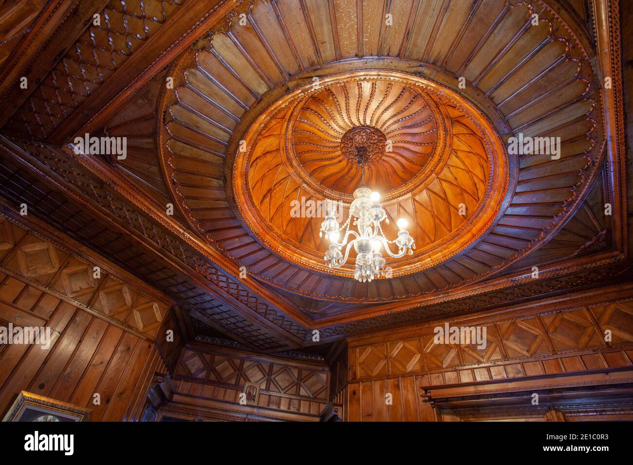 Carska Bistrica, soffitto in legno presso la residenza di caccia del re Boris III di Bulgaria, Rila montagna, Borovets resort Foto Stock