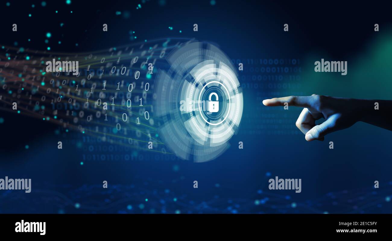 Uomo d'affari che utilizza la privacy di Cyber Security, la privacy delle informazioni e la protezione dei dati per bloccare un attacco informatico. Sfondo della mappa del mondo. Foto Stock