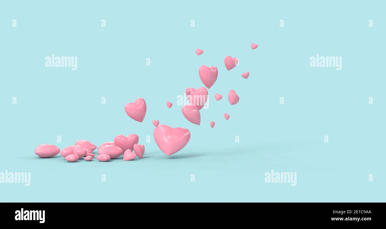 Cuori rosa che volano su sfondo blu - rendering 3D Foto Stock