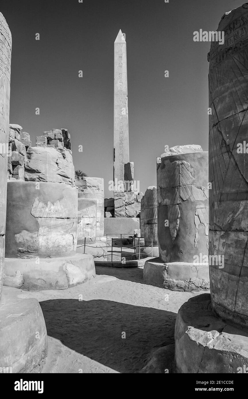 Luxor. Questo è l'Obelisco della Regina Hatshepsut del Faroah, nel 4000 anni, sito patrimonio dell'umanità dell'UNESCO presso il Tempio di Karnak, il più grande complesso di templi del mondo, situato sul fiume Nilo, presso la città di Luxor precedentemente conosciuta nel mondo antico come Tebe. I terreni del tempio furono utilizzati anche come set cinematografico per il film di James Bond The Spy Who Loved Me. Foto Stock