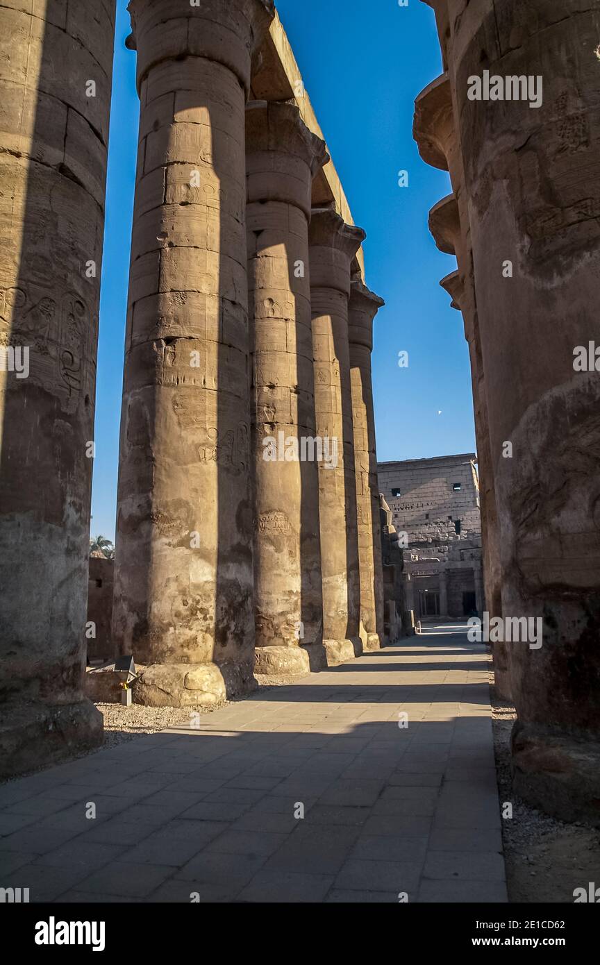 Luxor. Queste sono alcune delle massicce colonne di pietra in quella che un tempo era la Grande Sala dell'Ipotstile Ramasseum, nel 3500° sito del Patrimonio Mondiale dell'UNESCO del Tempio di Luxor, parte del più grande complesso di templi del mondo, Situato sul fiume Nilo, nella città di Luxor precedentemente conosciuta nel mondo antico come Tebe, la cui costruzione è in gran parte accreditata a Ramesse II, Ramesse il Grande. Foto Stock