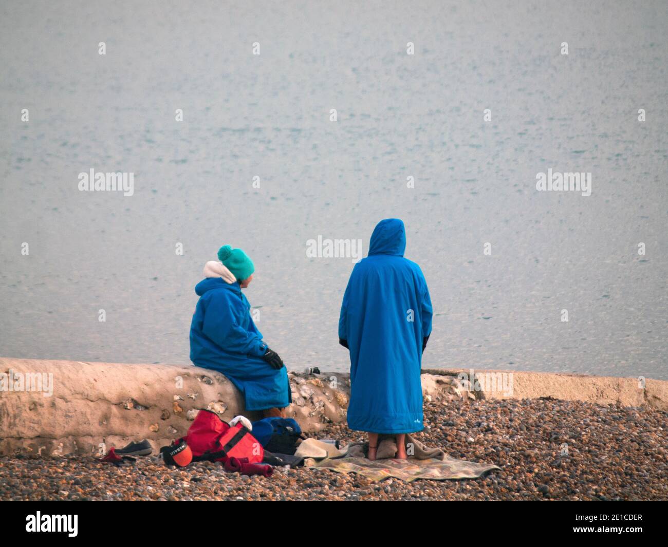Nuotatori di mare invernali sulla spiaggia di Brighton Foto Stock