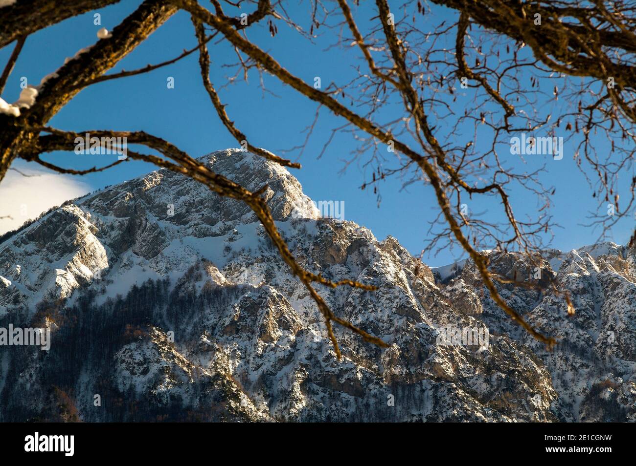 Paesaggio invernale del Parco Nazionale Abruzzo Lazio e Molise, Monte Sterpi d'Alto con neve. Civitella Alfedena, Abruzzo, Italia Foto Stock